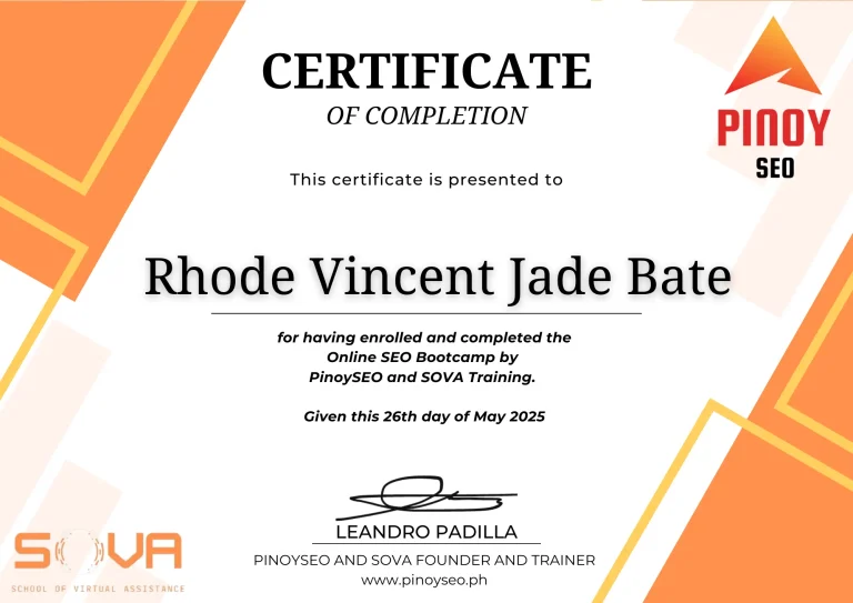 Certified SEO Specialist in the Philippines – Online SEO Bootcamp Achievement