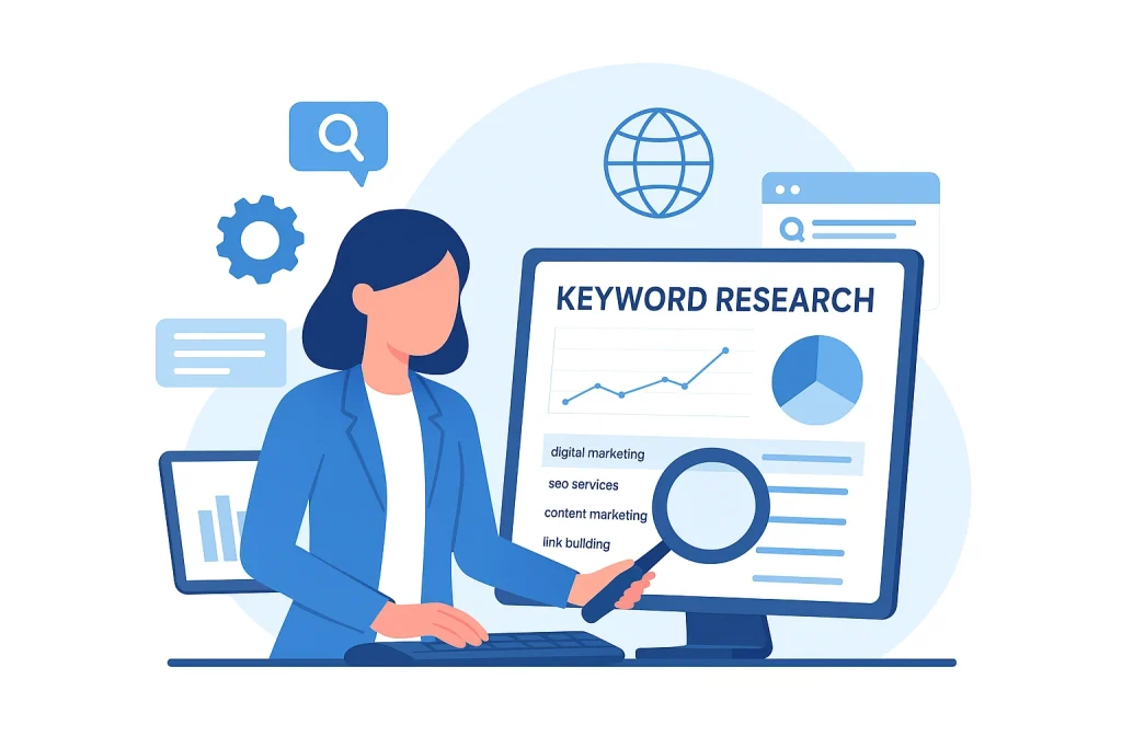Professional SEO specialist conducting keyword research analysis
