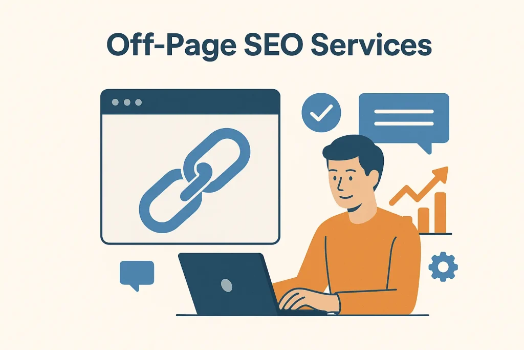 Flat vector illustration showing digital marketers building backlinks and authority through off-page SEO strategies.