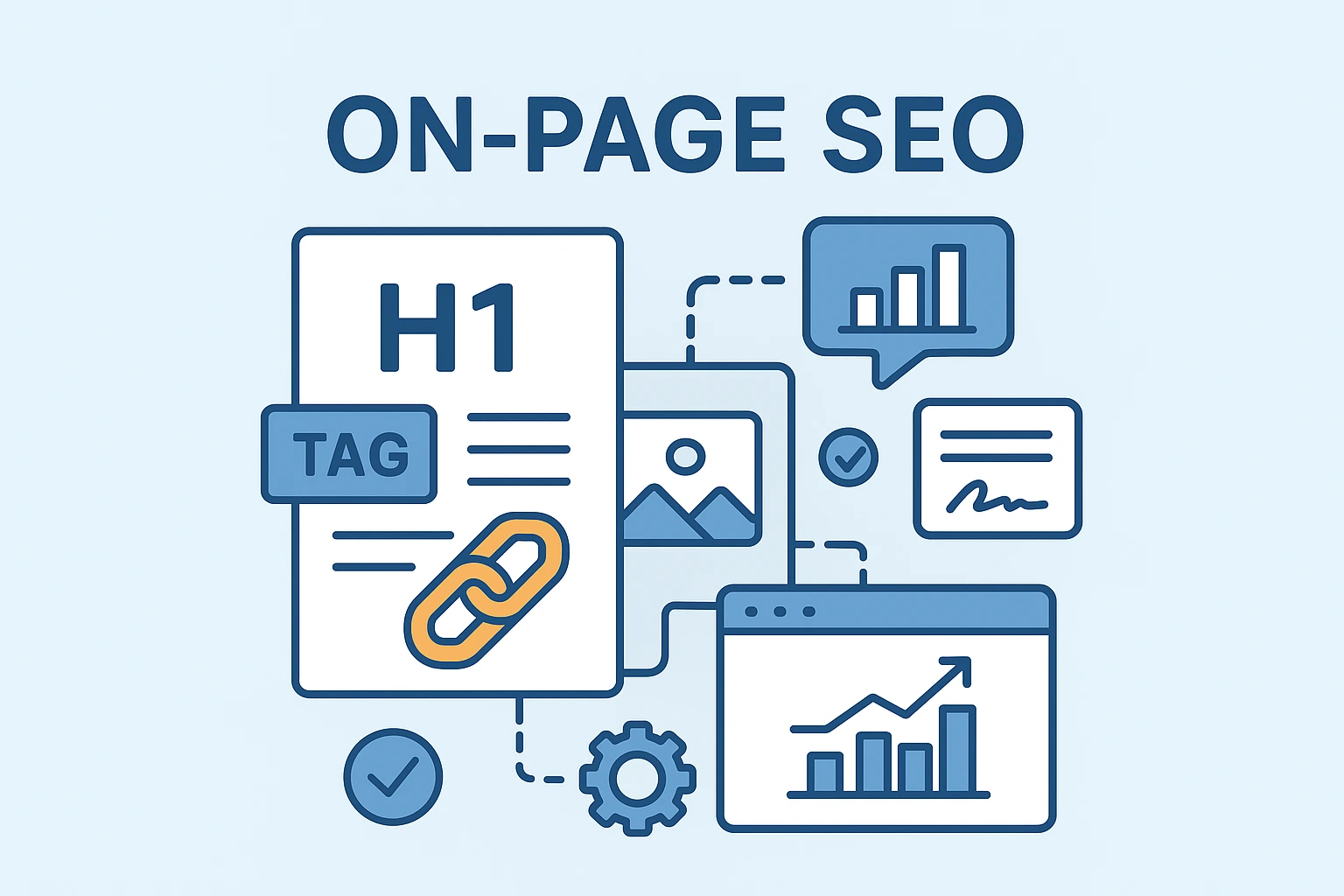 Flat vector illustration showing on-page SEO optimization process including tags, content structure, and analytics