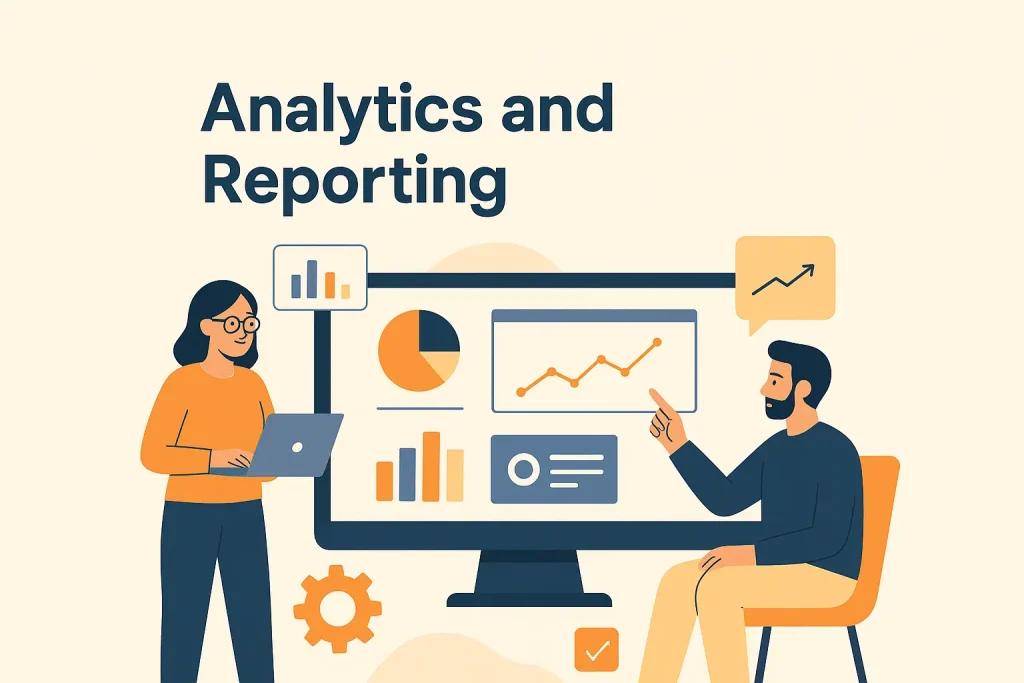Flat vector illustration showing an SEO specialist analyzing performance data and creating reports using digital dashboards.