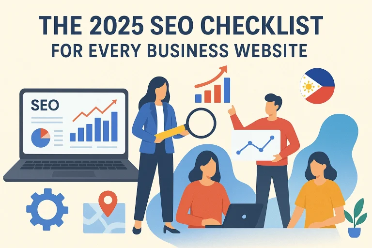Illustration of SEO specialists analyzing website performance charts, ranking data, and local search strategies with Philippine elements, representing the 2025 SEO checklist for businesses.